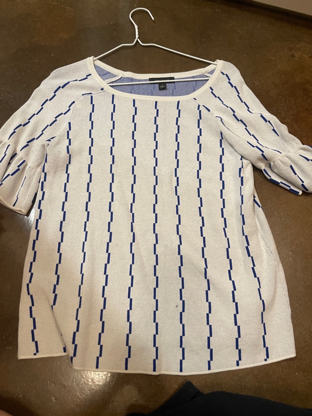 Ann Taylor Cream Top with Blue Geometric Stitching